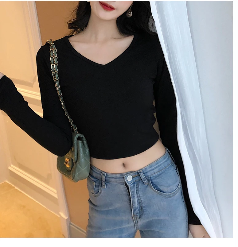 

XZ1301 2021 autumn and winter V-neck long-sleeved careful machine top cotton slim long-sleeved T-shirt women