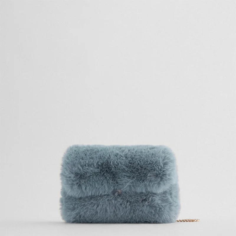 

Брендовые дизайнерские сумки на плечо с цепочкой для женщин, Плюшевые Пушистые синие дамские сумочки через плечо с клапаном для выходвечер...