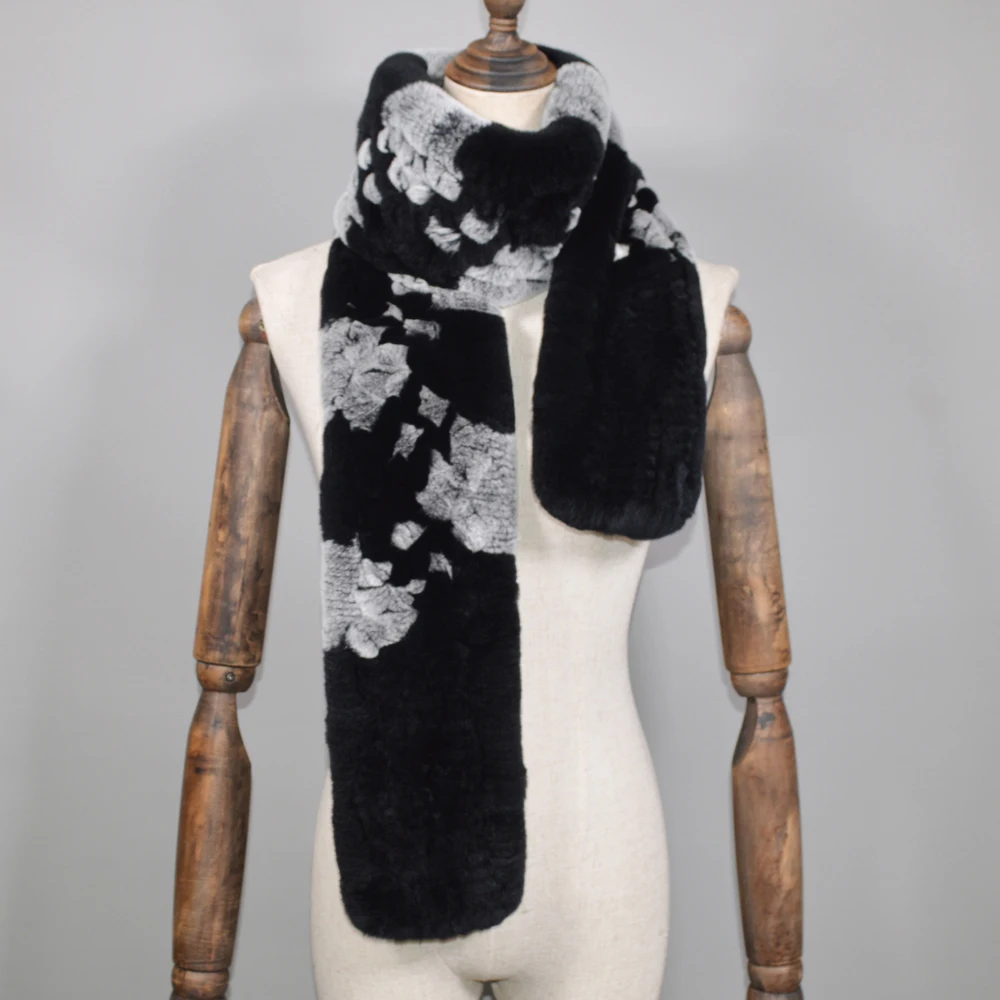 Winter Long Style Women Real Rex Rabbit Fur Scarf Rex Rabbit Fur Warm Soft Ring Scarfs High Quality Knit Rabbit Fur Scarves