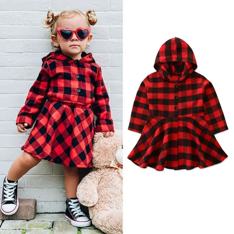 Платье в клетку с капюшоном Pudcoco весна-осень для малышек и детей, рождественского цвета для девочек, наряд для Рождества 1-6T.