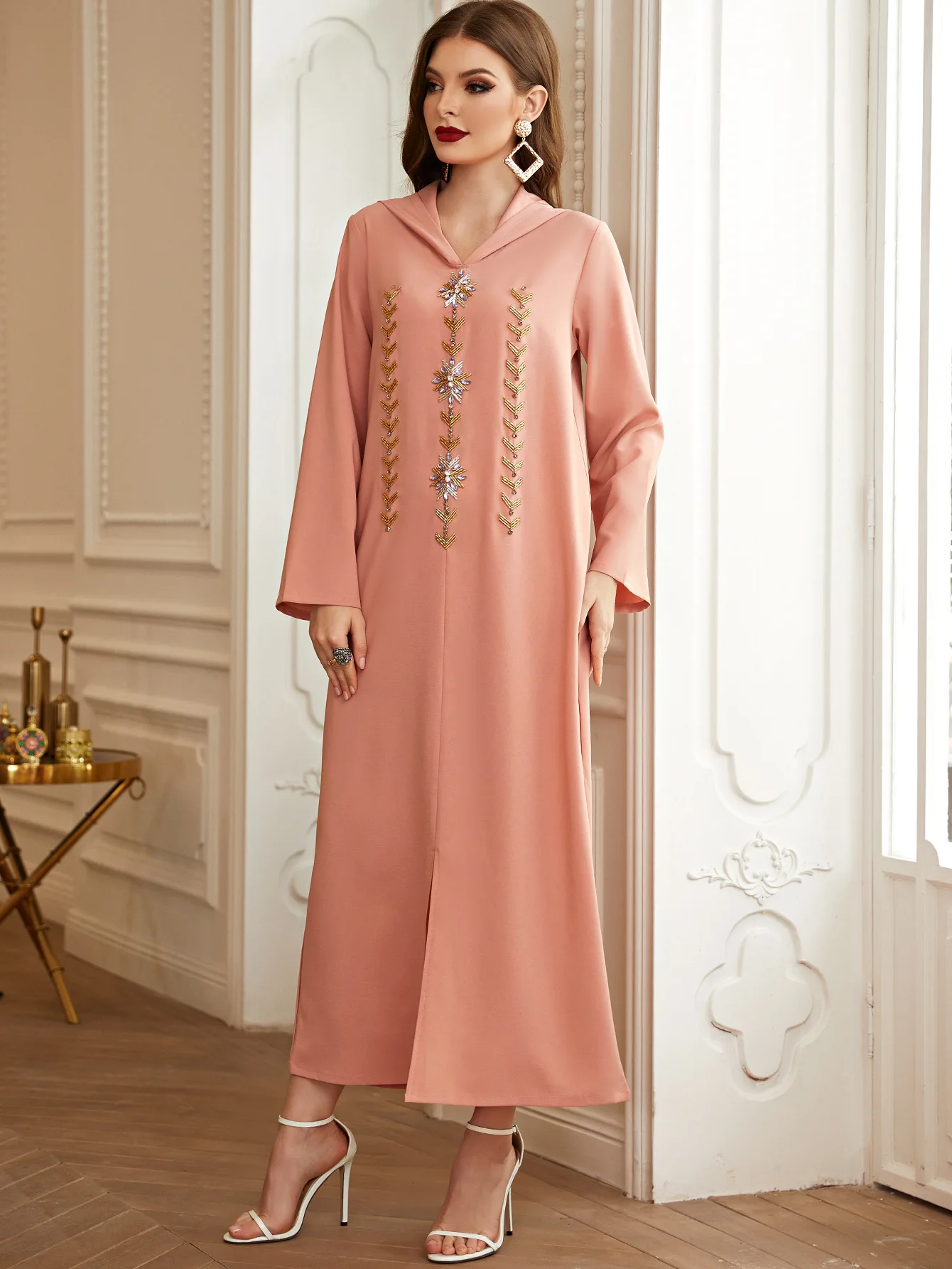 

BA312 Powder Gold Manual Rhinestones Hooded Robes ABAYA Muslim Middle East Southeast Asia Couture Gown Djelaba Femme Marocain