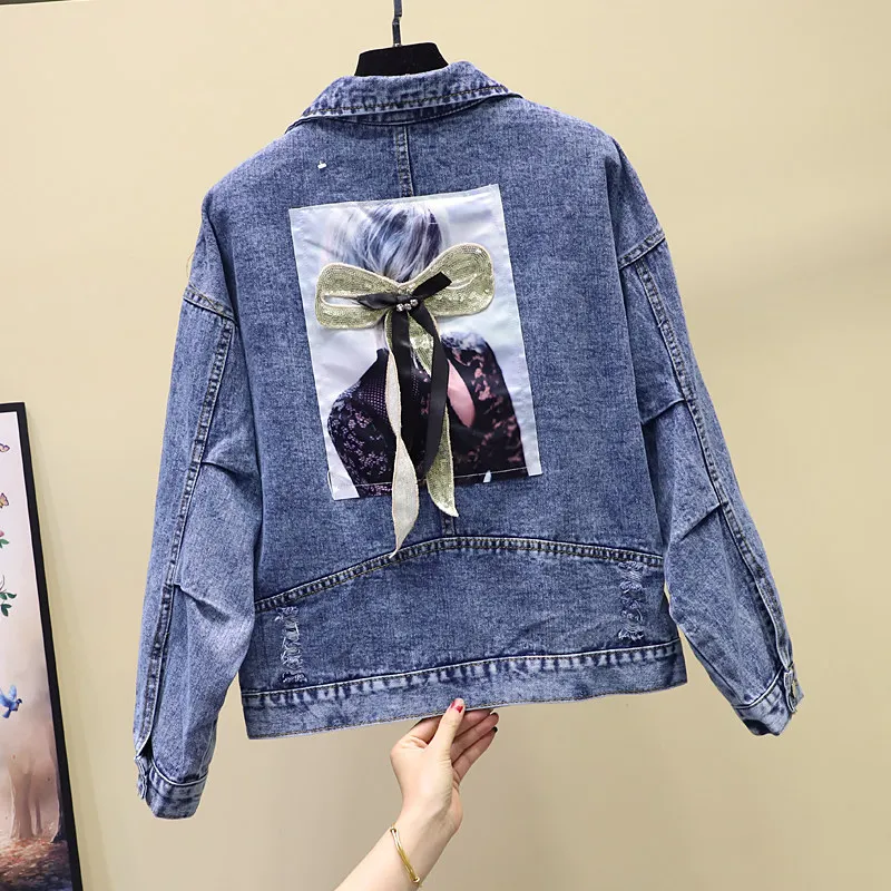 Женская джинсовая куртка свободного покроя короткая ковбойская с цветочной