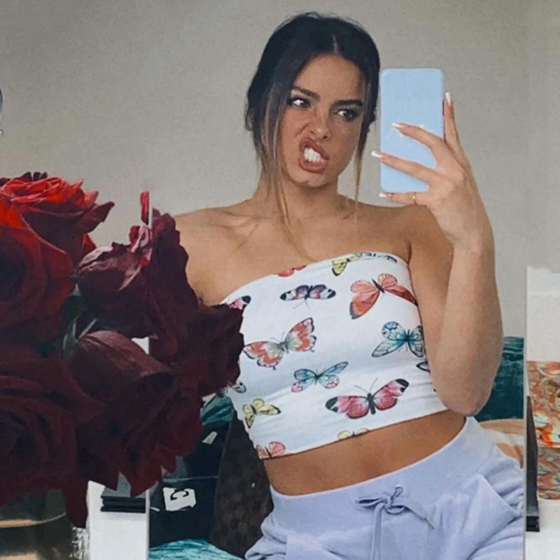 Женские облегающие Топы без бретелек с принтом бабочки Клубная одежда открытыми