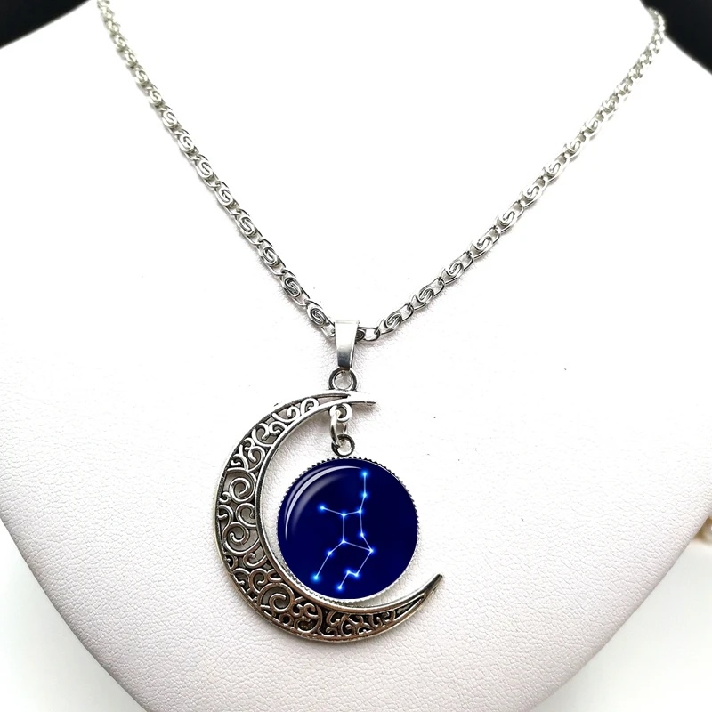 2020 Creative Retro Starry Sky 12 Constellation Cabochon Glass Moon Pendant Clavicle Chain Necklace Birthday Gift