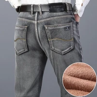 winter mens warm thick gray jeans business fashion regular fit denim trousers fleece stretch pants male brand high quality