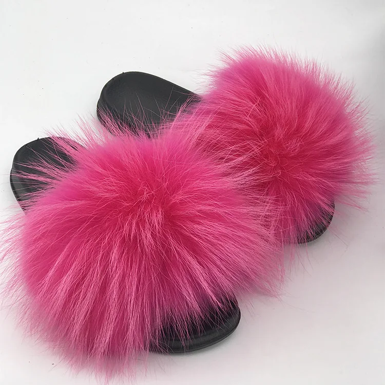

100% Real Raccoon Slides Fox Slippers Furry Shoes Summer Home Flip Flops Warm Slippers Fur Slippers Wholesale