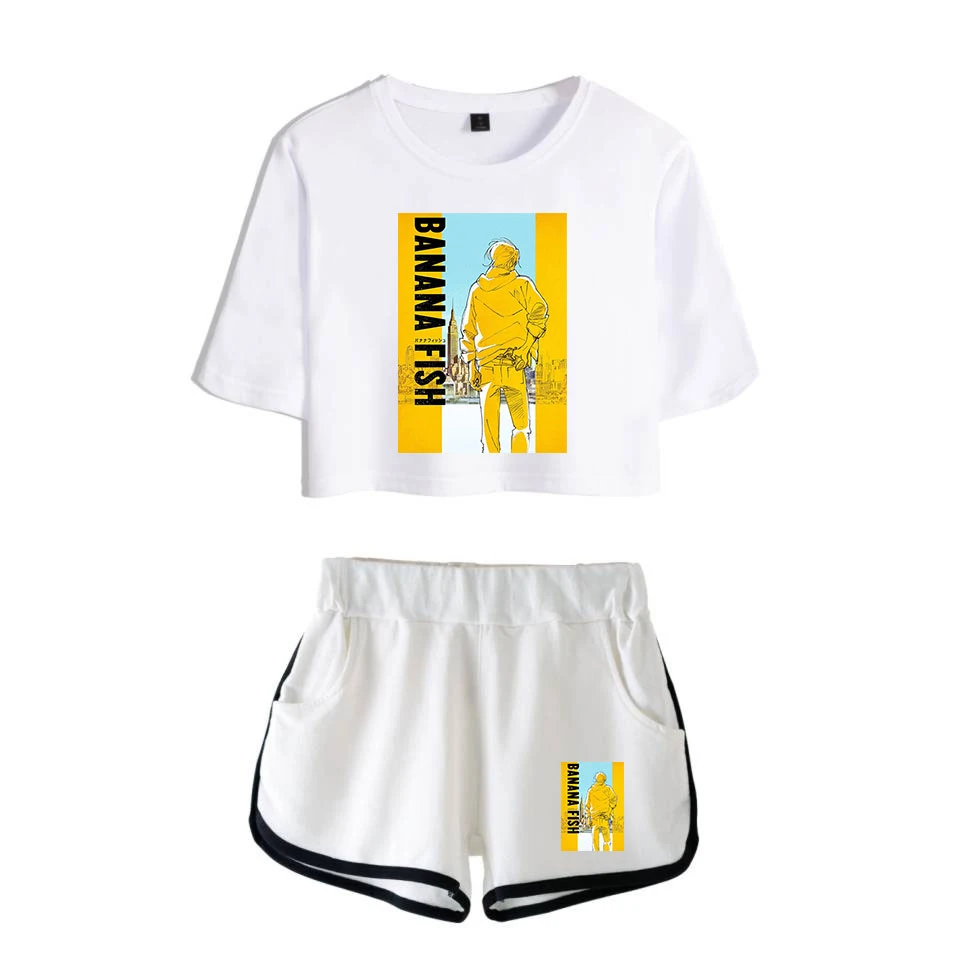 

Banana Fish Tshirt Two Piece Set + Banana Fish Short Pants Women Cotton high quality Dew navel t shirt Summer Clothing XXS-4XL