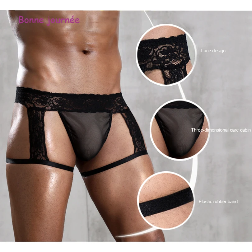 

Men's Sexy See Through Sexy Black Lace Underwear Sissy Thong Panties For Gay Adult High quality Erotic Lingerie Exotic Apparel