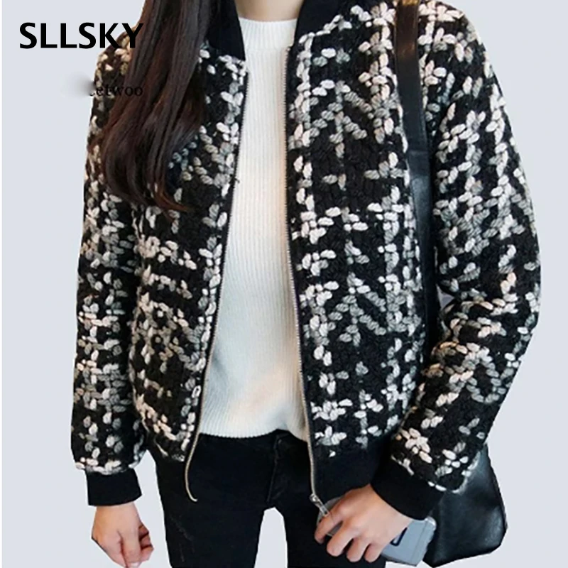 

SLLSKY Blend Wool Plaid Women Jacket Spring Short Bomber Basic Jacket Female Elegant Plaid Coats Ladies Casual Thick Outerwear