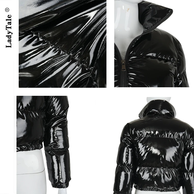

Women Winter Jacket Stand Collar Thick Warm Short Jacket Female Fashion Shiny Streetwear Elegant Zipper Cotton Black Jacket