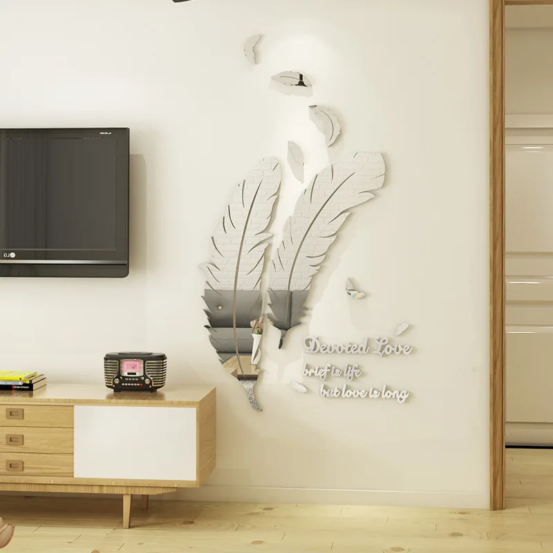 3D перо акрил стерео зеркальные наклейки на стену Наклейка Гостиная стикер