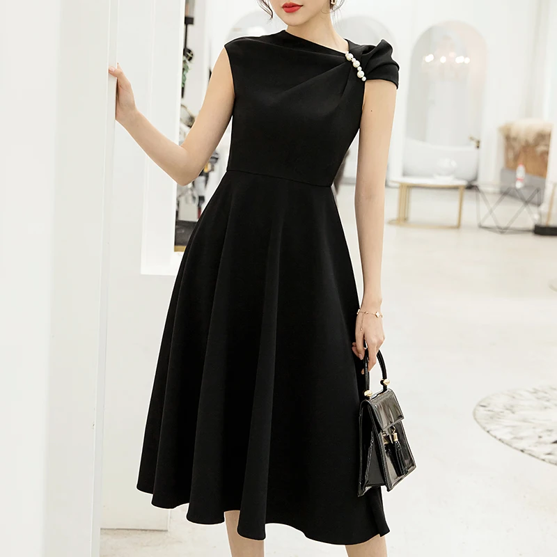 YIGELILA New Arrival Vintage Little Black Dress Elegant Solid Sleeveless Dress Empire Slim Mid-length Dress 65548