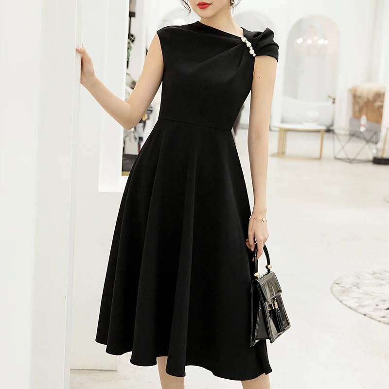 

YIGELILA New Arrival Vintage Little Black Dress Elegant Solid Sleeveless Dress Empire Slim Mid-length Dress 65548