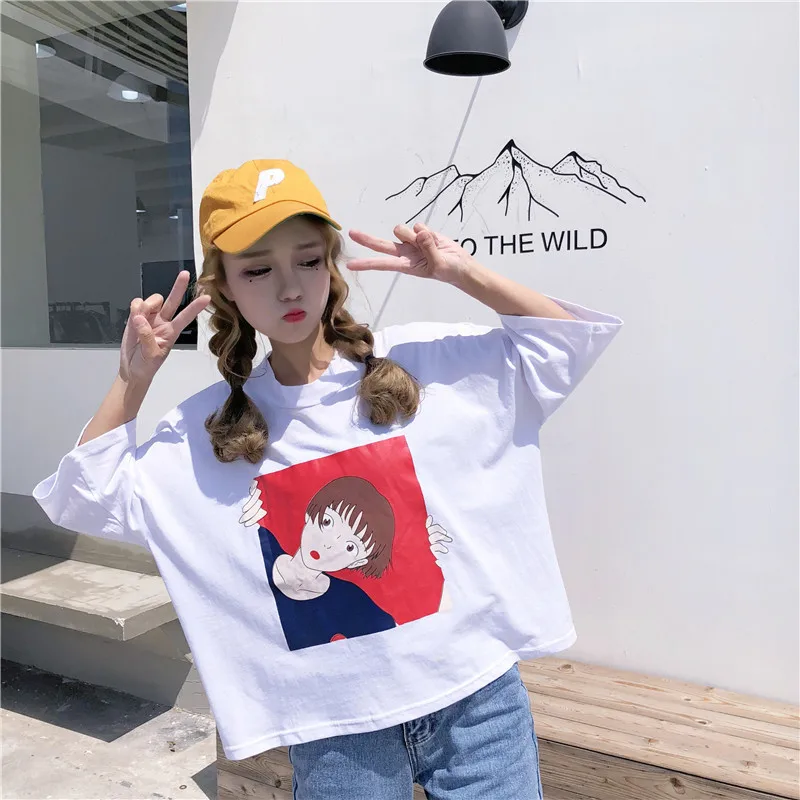 Футболка женская с круглым вырезом модная Свободная рубашка мультяшным принтом