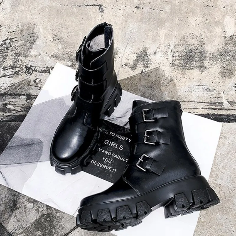 

Street Platform Ankle Boots Women High Quality Buckle Belt Genuine Leather Moto Biker Boots Fashion Winter Height Increased Boot