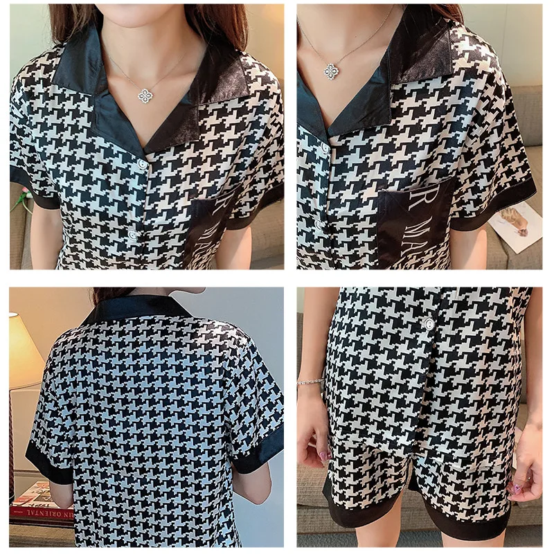 CAIYIER Pajamas Women Silk Summer Short Sleeve Shirts+Shorts Nighties Turn-down Collar High-end Houndstooth Printing Sleepwear