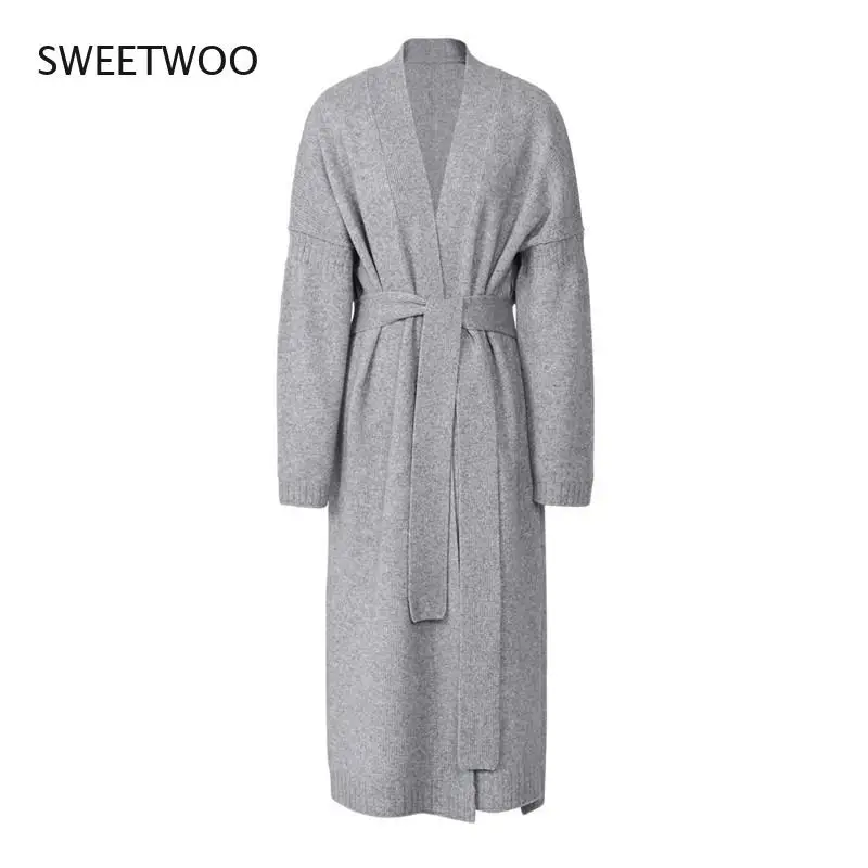 Женский кашемировый вязаный кардиган длинный свитер с поясом вязаное крючком