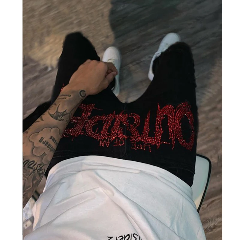 New 2021 Men's Black Pants Biker Jogging Street Elastic Skinny ripped Jeans Design Hot Drill Small Feet Washed denim trousers