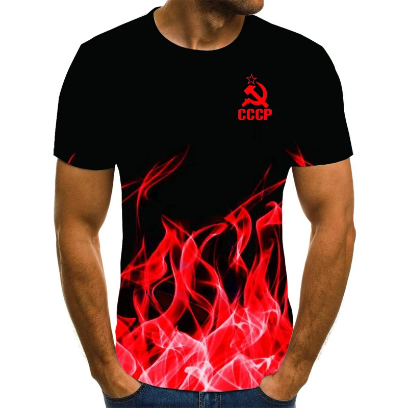 

Ussr Shirt Men T-Shirt Summer New Soviet Russia CCCP Brand 3d Print Flame O Neck Short Sleeve Top Tees Male Clothing Casual Wear