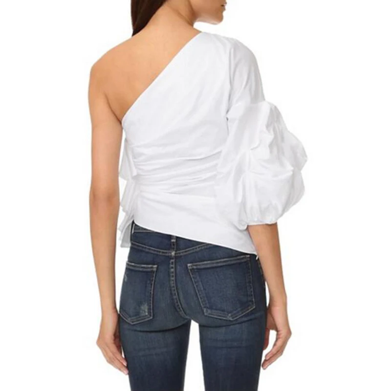 

HStar 2020 spring women three quarter sleeve blusas solid ladies ruffles shirt skew collar female puff sleeve blouse