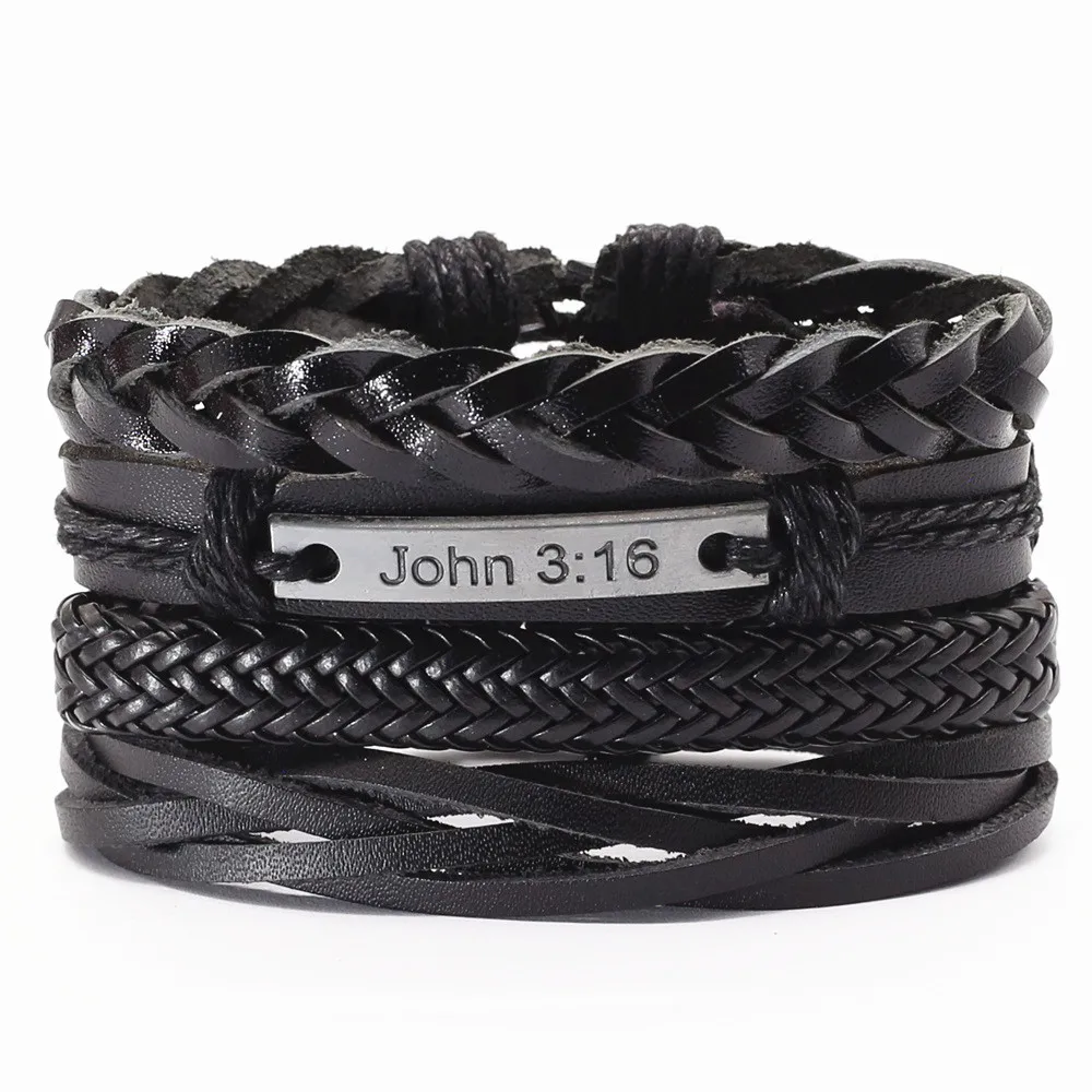 Trust In God Jesus WWJD Khaki Faith Punk 4 pcs/set Vintage Black Beads Bible Leather Bracelets Men Women Homme Jewelry - купить по