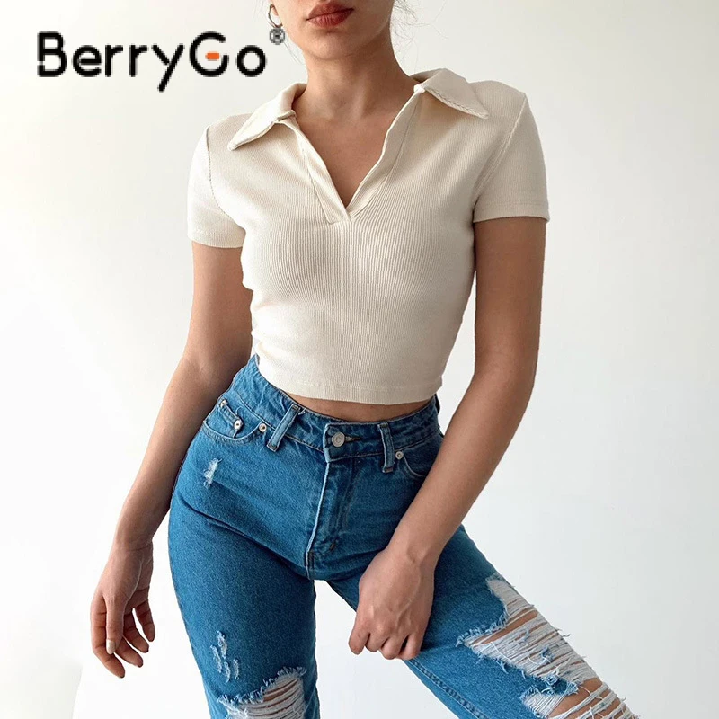 

BerryGo Causal v-neck skinny summer cotton women T-shirt white black Hollow out solid short sleeves t shirt Lace up female tops
