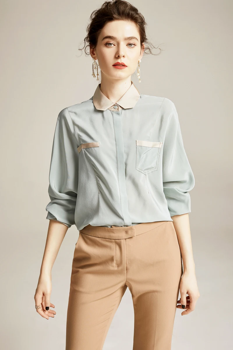 100% чистый шелк Женские рубашки отложной воротник цвет блок с длинным рукавом