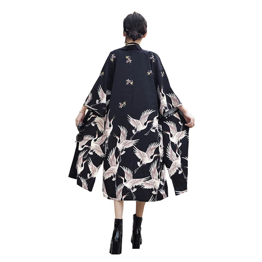 

Long Style Woman Japanese Fashion Cardigan Sunscreen Haori Coat Thin Kimono Pajamas Sleepwear Crane Print Yukata Bathing Robe
