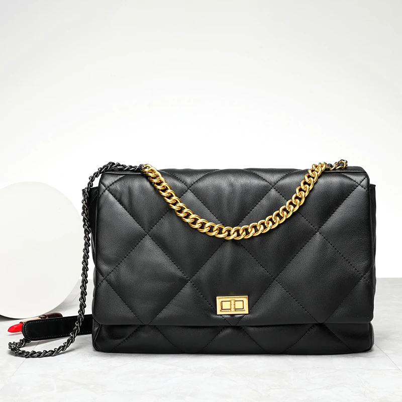 

New Sheepskin Genuine Leather Messenger Bag For Women Casual Wild Plaid Pattern Shoulder Bags Designer Luxury Female Handbag