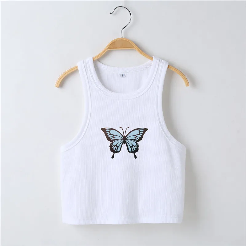 

UETEEY Butterfly Print Tank Tops Women Sexy Halter Vest Clothing Party Club Bustier Summer Spring White Cropped Sports Crops
