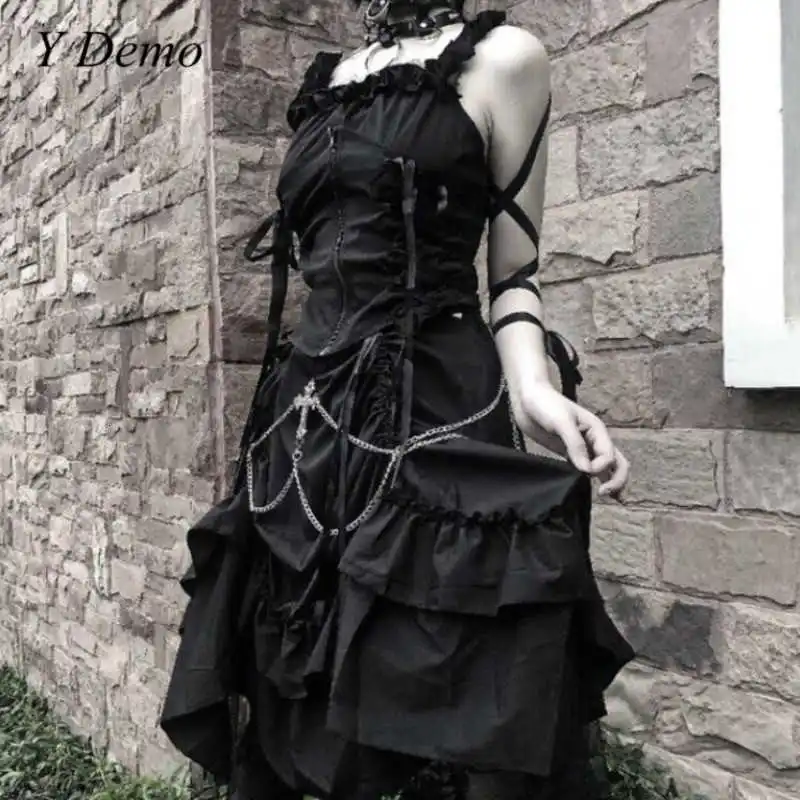 Готическое сексуальное кружевное женское платье на тонких бретелях с оборками