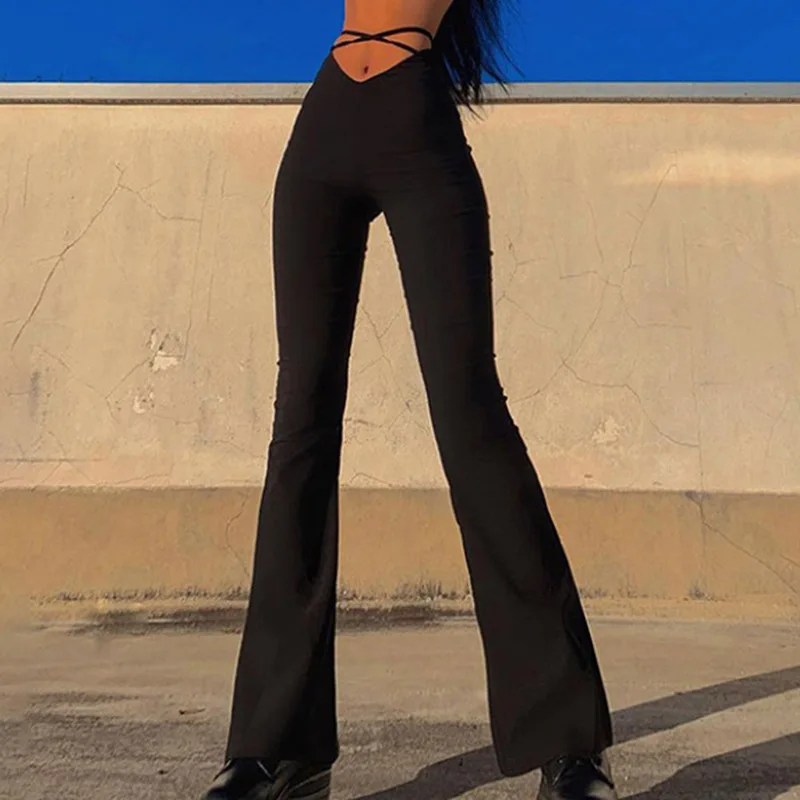 

2021 Flare Pants Female Party Skinny Wide Leg Pants Women Sexy High Waist Bodycon Leggings Bell Bottom Pants Black Lace Up