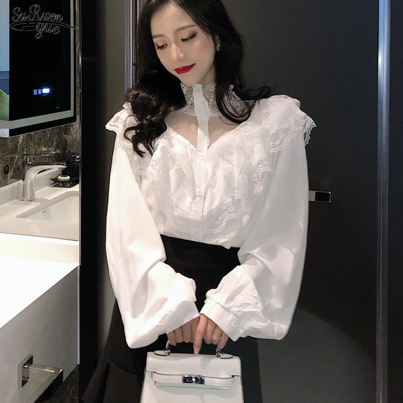 

Sexy Lace Shirts Women Ruffles Turtleneck Autumn New Womens Tops and Blouses Puff Sleeve Sweet White Black Blusas De Mujer 10783