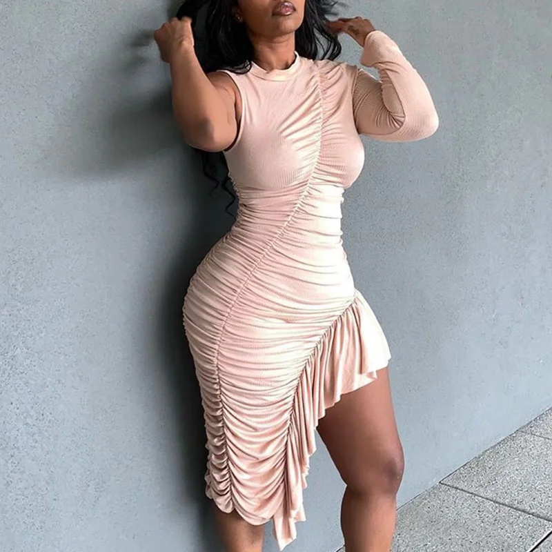

Women Pink Sexy Half Sleeve Dress Asymmetrical Women's Slim Bodycon Mermai Dress Party Solid Streetwear 2021 Spring Summer New