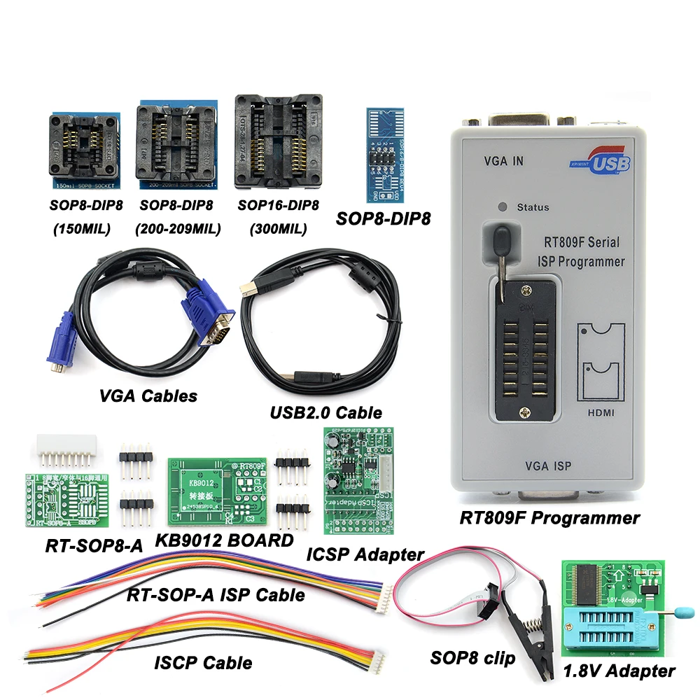 Оригинальный программатор RT809F + 11 адаптеров зажим SOP8 1 8 В/TSSOP8 разъем VGA LCD ICSP плата