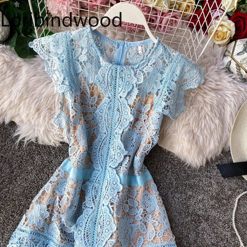 

Fashion Designer Sleeveless Ruffles Dress Women O-neck Butterfly Sleeve High Waist Lace Dress Female Hollow Out Layer Cake Dress