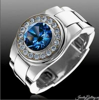 luxury silver color aquamarine zircon ring watch band shaped finger rings for men women wedding party jewelry accessories m2m888