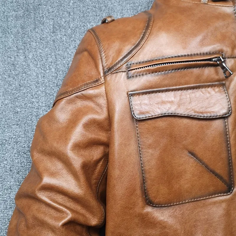 

New Fashion Mens Pockets Work Genuine Leather Cargo Jacket Stand Collar Motor Windbreaker Sheepskin Jacket Short Plus Size Coat