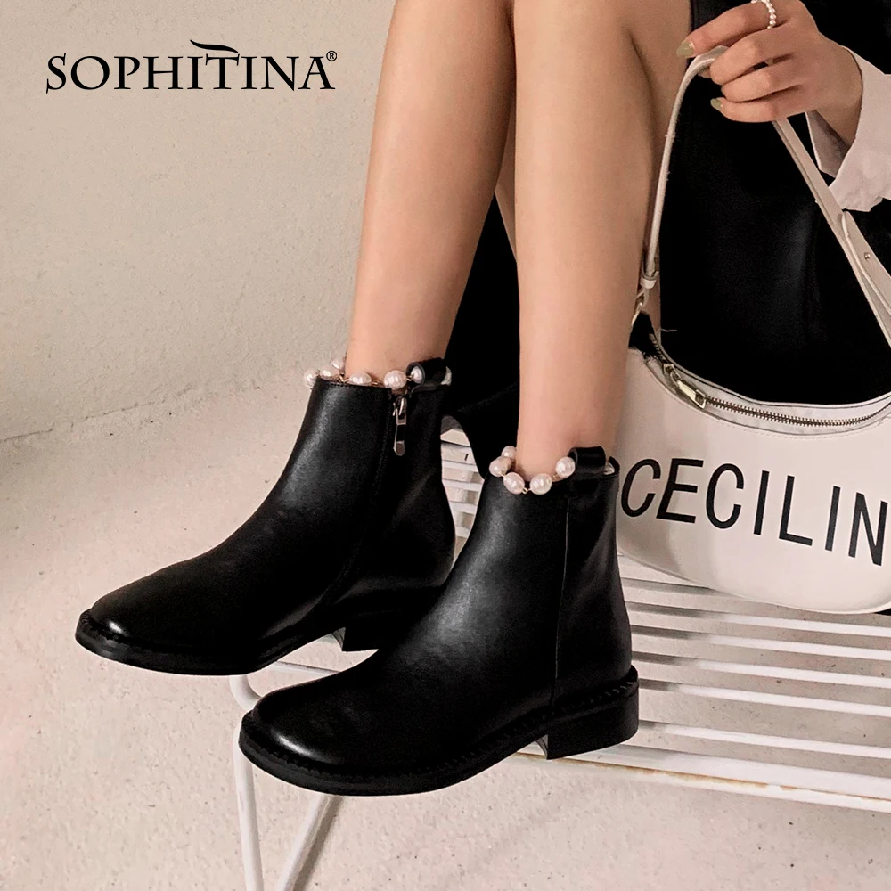 

Женские ботильоны на квадратном каблуке SOPHITINA, элегантные удобные универсальные кожаные ботинки, на молнии, с жемчугом, YO241