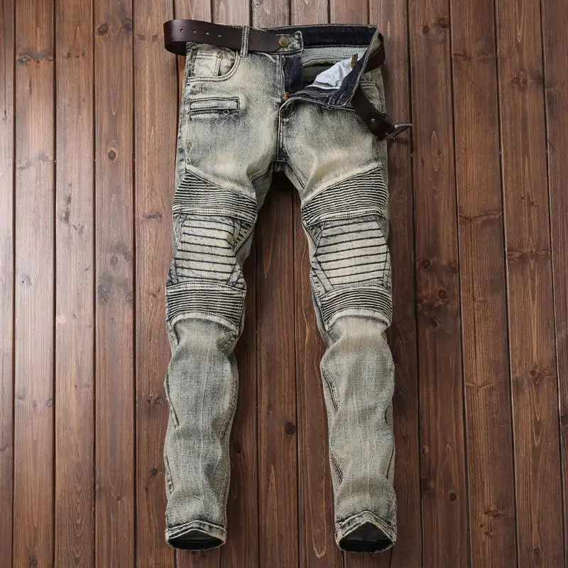 

Men's Fashion Trend Casual Jeans Vintage Denim Long Pants Motorcycle Wrinkle Trousers