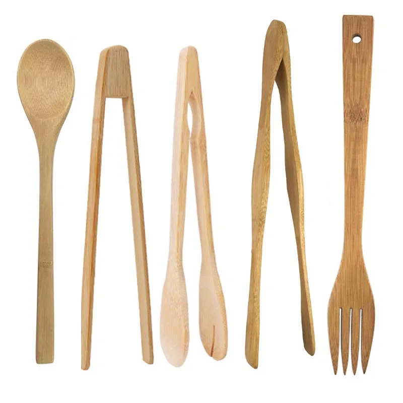 

Bamboo Kitchen Tool Set Food Tong Toaster Bamboo Fork Cooking Natural Tableware