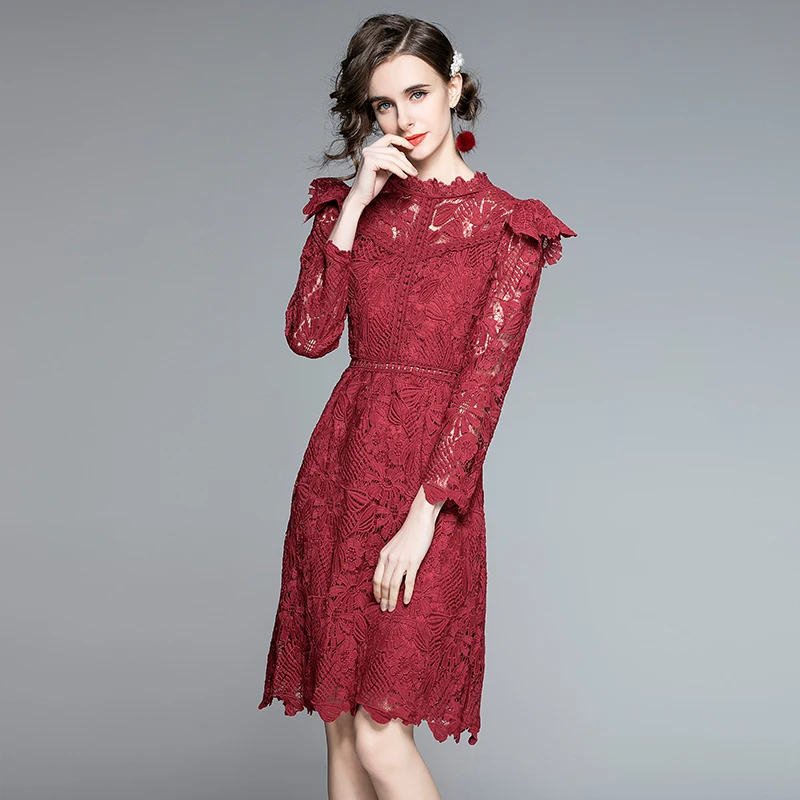 

High-End Hollow Out Lace Dress Women O-Neck High Waist Ruffled Spring Dress Lady Chic Sim Fit Party Vestidos