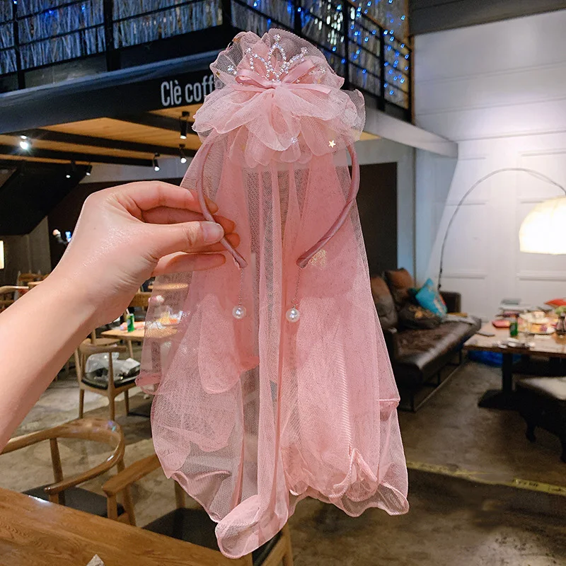 

Baby Girl Hair Hoop Crown Head Buckle Children Wedding Mesh Veil Princess Headband Performance Headdress For Wedding Prom Party