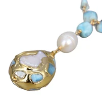 gg jewelry natural blue larimars white rice freshwater pearl statement necklace gold color plated larimar pendant necklace 21