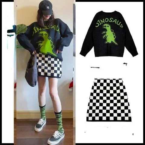 Женский костюм осень/зима новый стиль вязаный свитер с принтом свободная куртка +