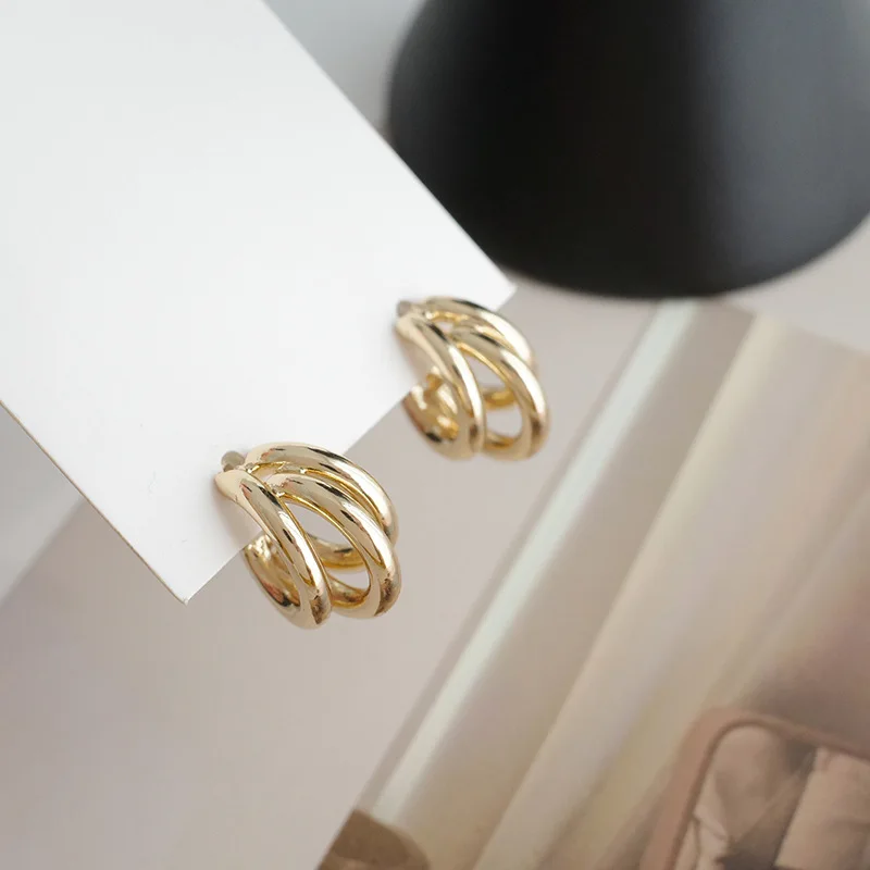 Простые трехслойные полукруглые серьги в Корейском стиле геометрические из