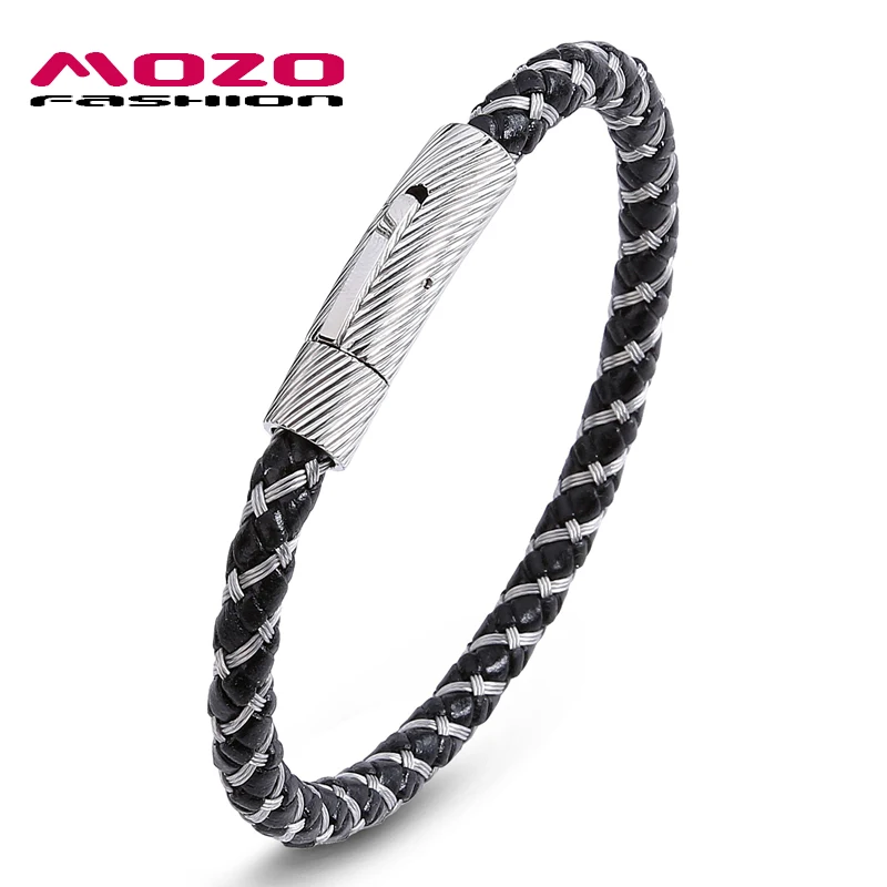

MOZO Fashion Man Charm Bracelets Steel Wire Leather Rope Mixed Braided Simple Style Punk Rock Bangles Casual Jewelry