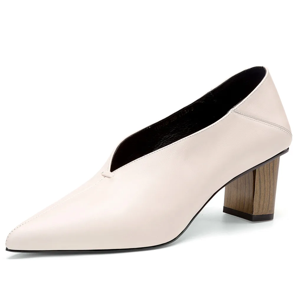 Women's genuine leather v-opening slip-on pumps thick heel pointed toe elegant ladies OL style soft comfortable heels dress shoe