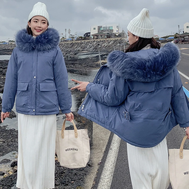 2019 New Lace Up Ruched Hooded Winter Bread Jacket Women Down Cotton Loose Thick Large Fur Collar Parka Warm Coat Outwear | Женская