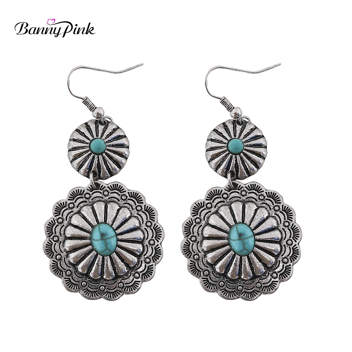 Женские Винтажные висячие серьги Fanny розовые с бирюзой и тибетским резным узором